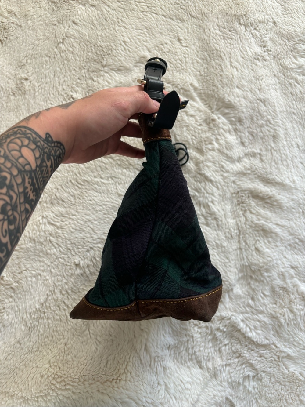 VTG Dooney & Bourke Wool Green and Blue Tartan Plaid Hobo Shoulder Bag - Picture 7 of 12